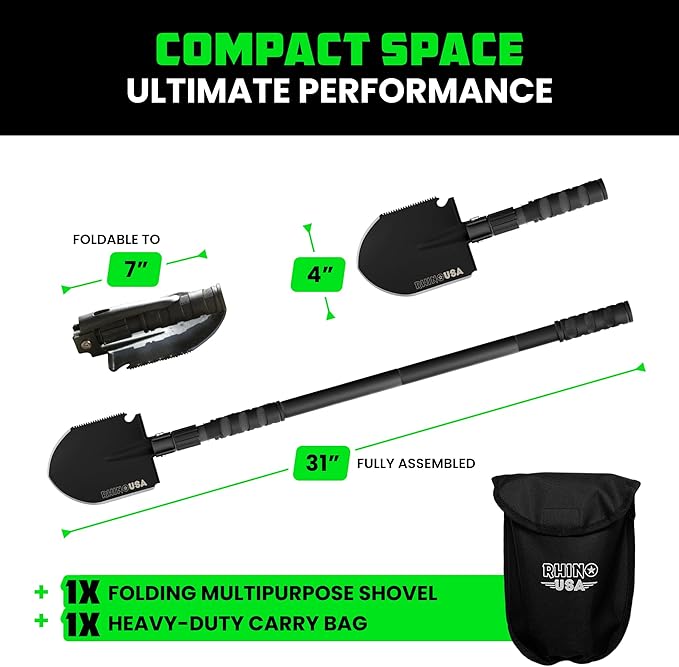 Rhino USA Survival Shovel w/Pick - Heavy Duty Carbon Steel Military Style Entrenching Tool for Off Road Camping Gardening Beach Digging Dirt Sand Mud &amp Snow. (Survival Shovel)