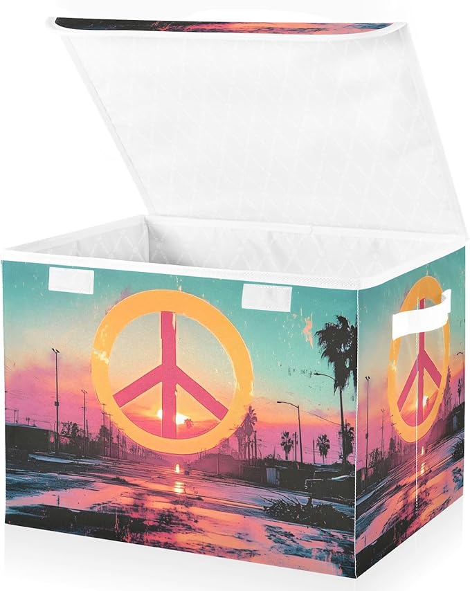 Storage Cube with Lid Peace Sign City Print 16.5×12.6×11.8 IN 1 Pack Collapsible Large Capacity Foldable Storage Basket Bin Organizer