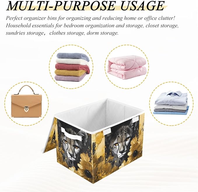 AIXIWAWA Lidded Storage Cube (Cheetah Gold Flower) Fabric Foldable Closet Bins with Flip Lid and Handles Organizer Basket Container 16.5 x 12.6 x 11.8 IN