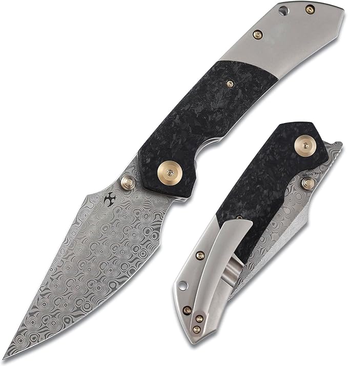 KANSEPT Fenrir Pocket Knife 3.48 Damascus Harpoon Blade Plain Titanium Handle Shred Carbon Fiber Inlay Thumb Stud &amp Liner Lock with Deep Clip EDC Knives for Camping Hunting Survival K1034B1