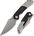 KANSEPT Fenrir Pocket Knife 3.48 Damascus Harpoon Blade Plain Titanium Handle Shred Carbon Fiber Inlay Thumb Stud &amp Liner Lock with Deep Clip EDC Knives for Camping Hunting Survival K1034B1