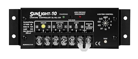Morningstar Sunlight 10A Solar Charge Controller (SL-10L-12V) - Solar Panel Regulator for 12 Volt Batteries Lighting Ctrl Easy Setup Corrosion Resistant Terminals 5 Year WTY - Designed in The USA