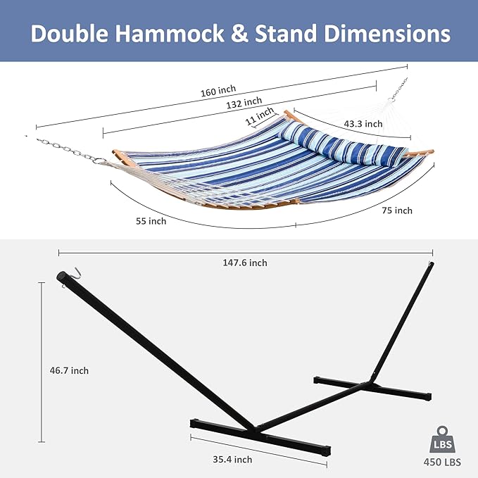 SUNCREAT Double Hammock with Stand Included Portable Hammock with Stand and Large Pillow Blue Stripes