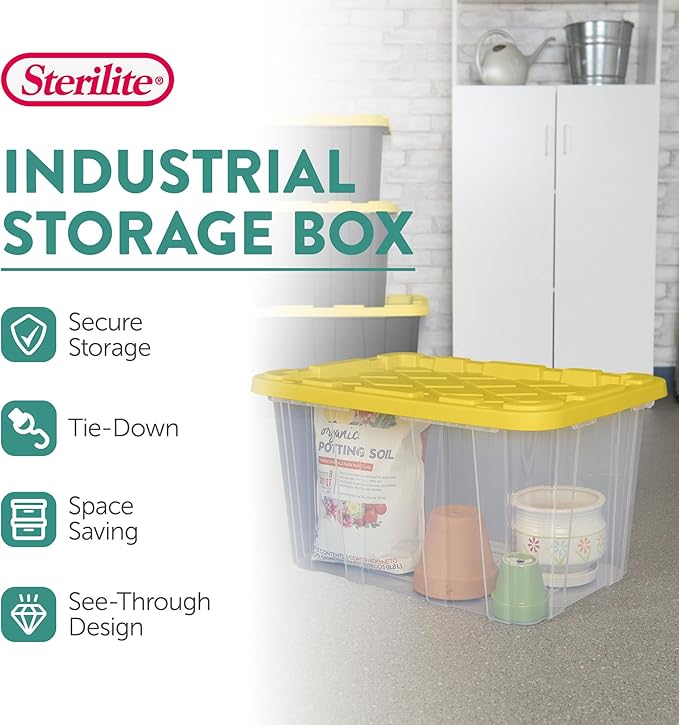 Sterilite 4 Tier Tote Rack Vertical Plastic Organizer with 4 Pack 27 Gallon Industrial Storage Totes Clear - for Garages Workshops or Basements
