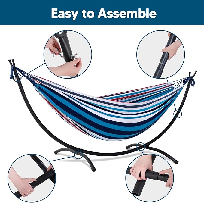 SUNCREAT Hammocks for Outside with Stand Porch Hammock and Stand 475 lbs Capacity Blue &amp Red Stripes