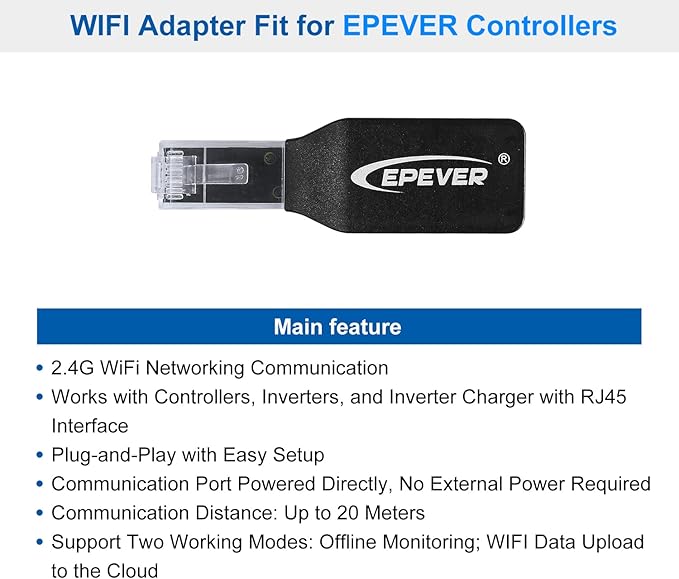 EPEVER MPPT Solar Charge Controller 40A 12V 24V Auto + WiFi Adapter Remote Control via APP + Temp Sensor Cable Solar Panels Charger for Lead-Acid LiFePO4 Lithium Battery (Tacer4210AN+WiFi+RTS)