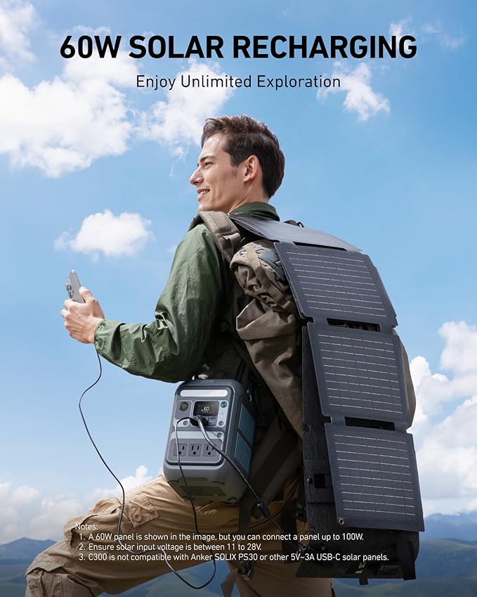 Anker Solar Generator SOLIX C300 with 60W Solar Panel 288Wh Portable Power Station 300W (600W Surge) LiFePO4 Battery 140W Two-Way Fast Charging for Outdoor Camping Traveling and Emergencies