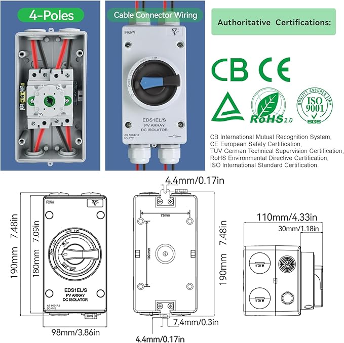 Waterproof IP66 Solar Disconnect Switch 4-Pole DC 1500 32 Isolator Solar Switch with Enclosure for Rooftop Solar Systems RVs and Boat Black