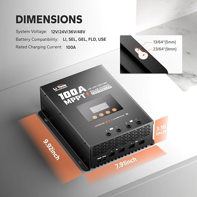 LiTime MPPT Solar Charge Controller (Bluetooth) - Solar Panel Regulator -150V 100Amp 12/24/36/48Volt for LiFePO4 and Lead-Acid Battery in Solar System