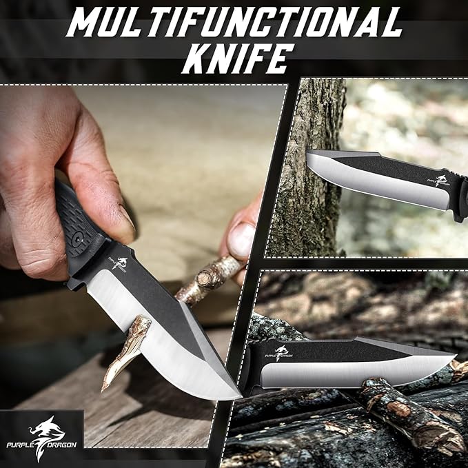 Purple Dragon Black Fixed Blade Outdoor Knife Made from a Single Piece of D2 Steel G10 Handle with Kydex Sheaths for Outdoor Activities and Camping Gifts for Men