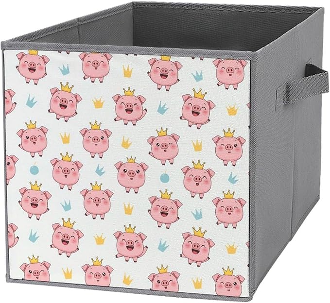 Fabric Storage Bins with Handles Crown Cute Pink Pig Foldable Collapsible Cube Organizer for Shelves Multi-Purpose Box for Bedroom Living Room Closet