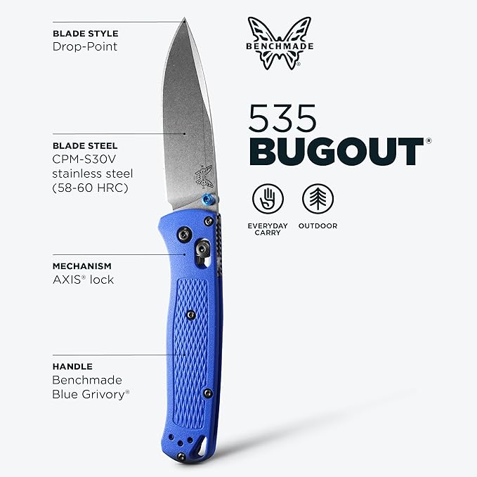 Benchmade - Bugout Outdoor EDC Folding Knife Slim Lightweight Plain Edge Drop-Point Blade CPM-S30V Stainless Steel (58-60HRC) Grivory Handle (535)