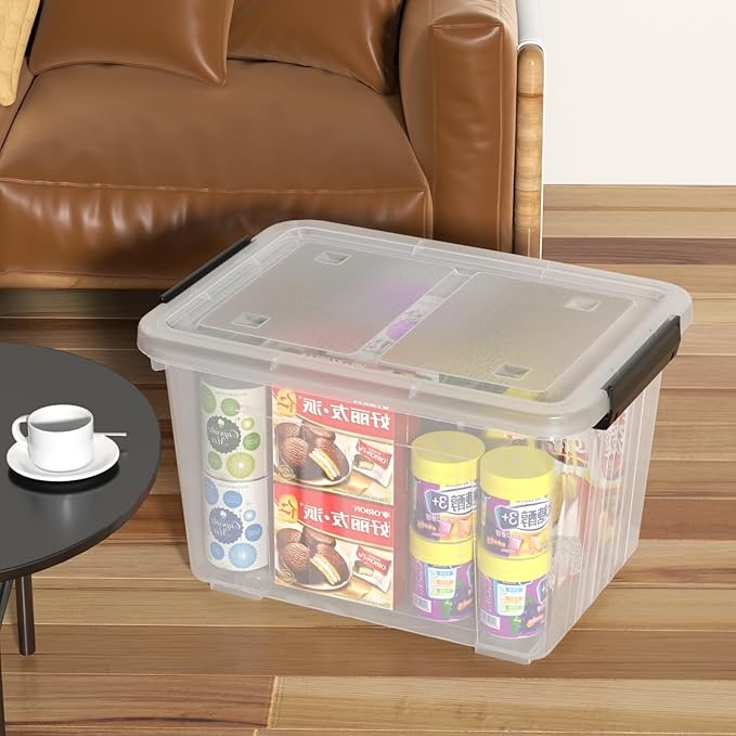 30 L Clear Latching Storage Bin with Wheels 4 Packs Plastic Storage Container Boxes with Lids