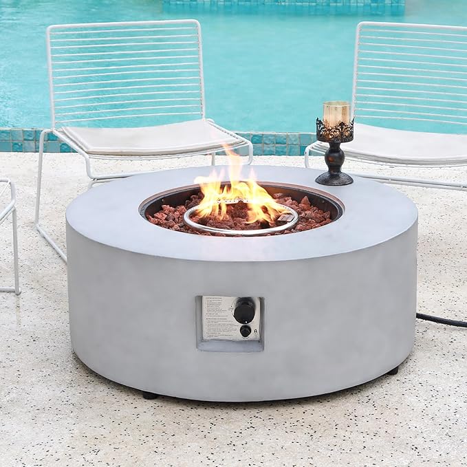 36-inch Outdoor Propane Fire Pit Table 50000 BTU Natural Gas Firepit Round Concrete Fire Table with Steel Lid Natural Gas Orifice Lava Rocks Rain Cover for Outside Patio Deck Backyard