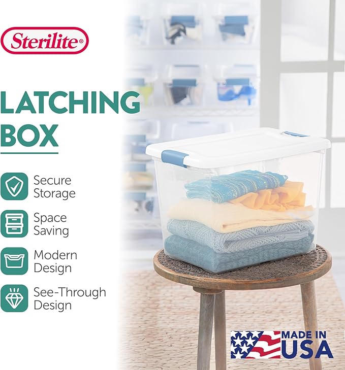 Sterilite 24-Pack Latching Box Under Bed Storage Bins with Lids Clear Plastic 25 Quart - Heavy-Duty Organizing Containers for Closet Bathroom and Office
