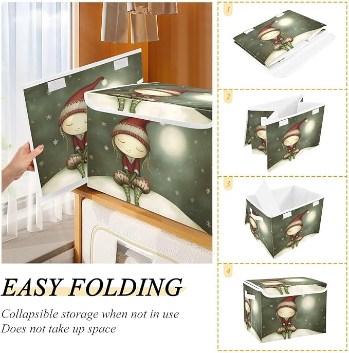 AIXIWAWA Lidded Storage Cube (Cute Fairy Christmas) Fabric Foldable Closet Bins with Flip Lid and Handles Organizer Basket Container 16.5 x 12.6 x 11.8 IN