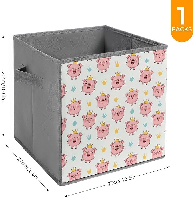 Fabric Storage Bins with Handles Crown Cute Pink Pig Foldable Collapsible Cube Organizer for Shelves Multi-Purpose Box for Bedroom Living Room Closet