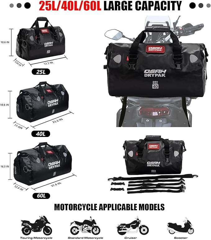 Waterproof Duffel&amp Luggage Bag - Motorcycle Dry Bag Tail Saddle Bags with Roll Top ClosureLarge Storage Spacefor Camping Kayaking Fishing &amp Traveling(MudBrown 60L)