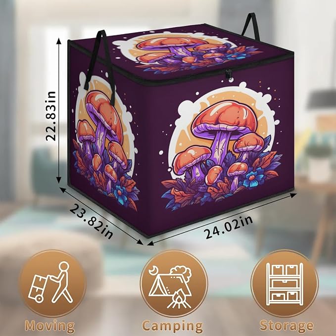 Large Funny Mushroom Storage Bags with Lid XL Blanket Clothes Storage Bins Foldable Organizers Storage Containers with Handle for Comforters Bed Sheets Pillows Cute Retro Mushroom