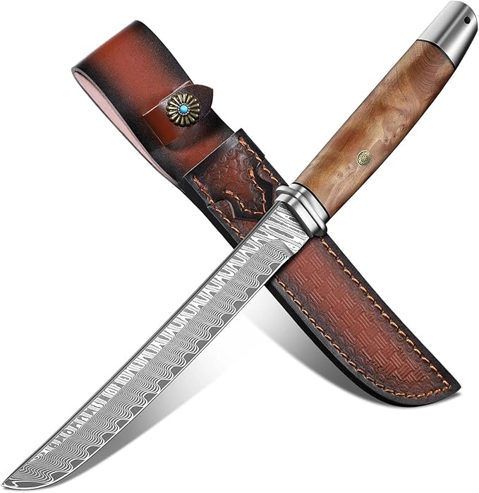 Dragon Creek Fixed Blade Tanto Knife - Wooden Handle Outdoor Survival Knife with Leather Sheath for Camping Hiking Gift Men