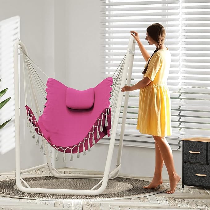 Hammock Chair with StandHeavy-Duty Hanging Chair with Stand for Indoor OutdoorSturdy Swing Chair Stand Max Load 350 pounds(Hammock Chair Included) (Pink)
