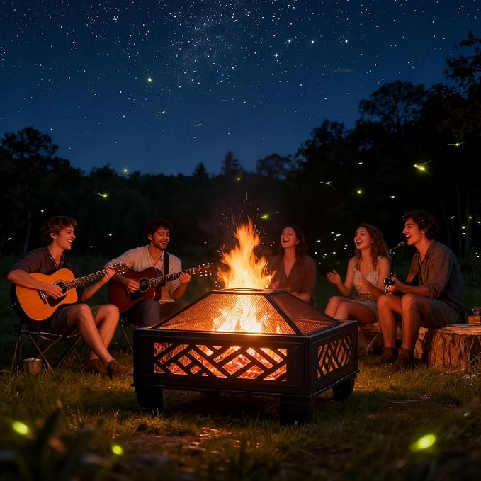 Breezz Update Version 26 Inch Wood Burning Fire Pit with Cooking Grill and Spark Screen Outdoor Metal Firepit for Patio Backyard Bonfire Party Camping and Garden