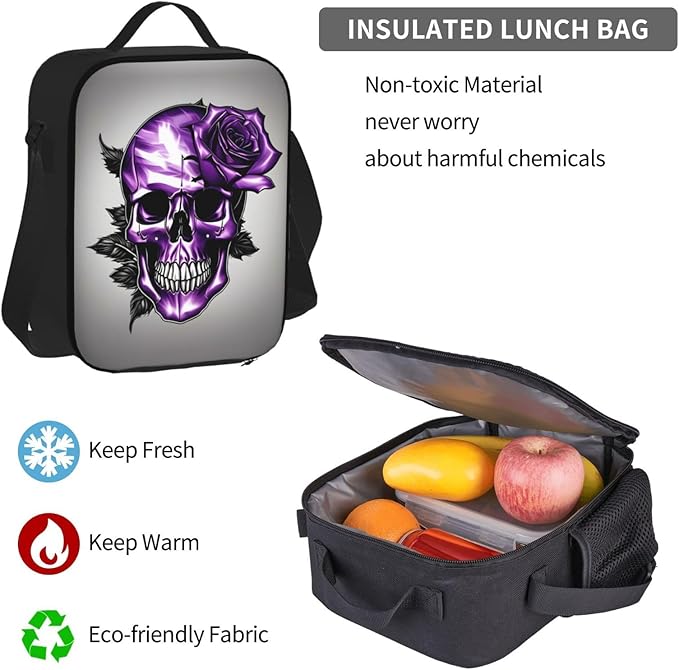 Purple Rose And Skull Backpack With Lunch Box 3 In 1 Set With Pencil Case Large Capacity Backpack With Chest Strap