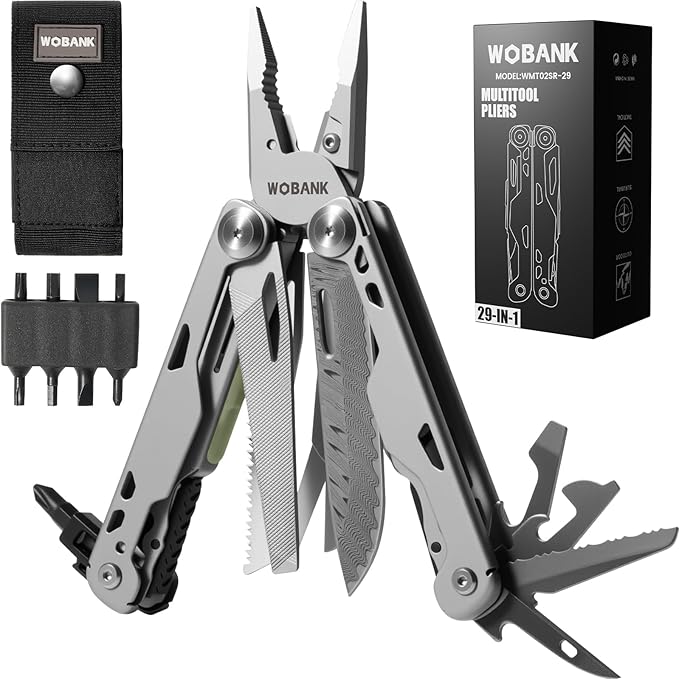 Multitool 29-in-1 Stainless Steel Multi Tool Pliers with Screwdriver Sleeve Damascus Pocket Knife Nylon Sheath for Survival Camping Hunting and Hiking
