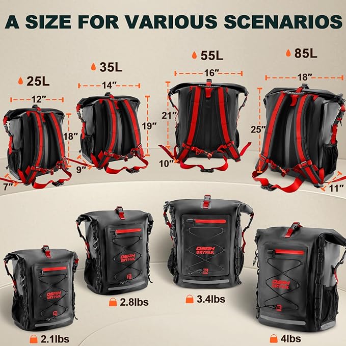 OSAH DRYPAK Waterproof Backpack Dry Bag 25L/35L/55L/85L – Heavy Duty Roll-Top Hiking Backpack Sack Keeps Gear Dry for Travel Kayaking Boating Camping Rafting and Fishing