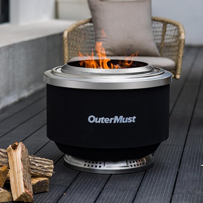 OuterMust 24 Inch Smokeless Fire Pit for Outside with Deck Safe Stand Wood Burning Outdoor Fireplace with Ash Pan for 5-7 Persons Stainless Steel Portable Bonfire for Patio Deck Backyard &amp Campi