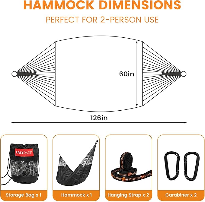Lazy Daze Hammocks Handwoven Mayan Hammock 10.5 FT Soft Rope Double Hammocks Portable Outdoor Hammock with Carry Bag 2 Straps &amp Carabiners for Patio Outside 550 lbs Weight Capacity Gray