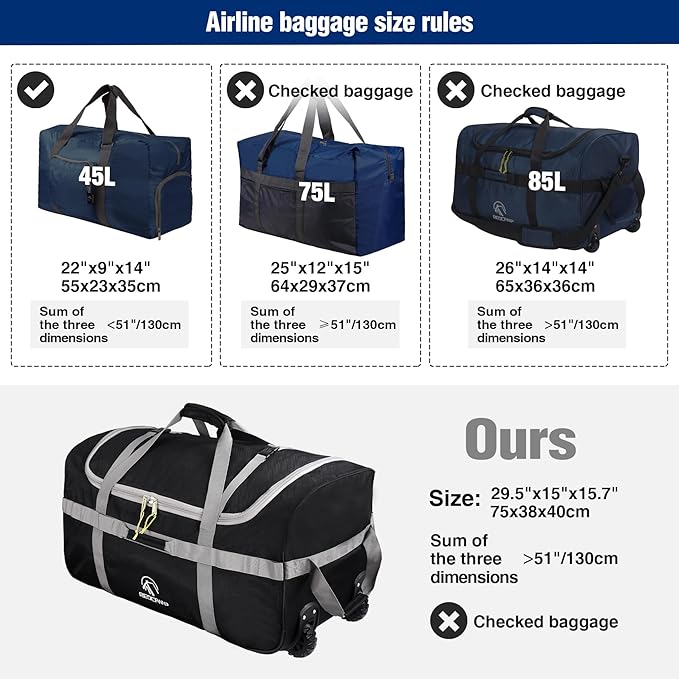 REDCAMP 85L/120L/140L Foldable Duffle Bag with Wheels Large Travel Duffel Bag