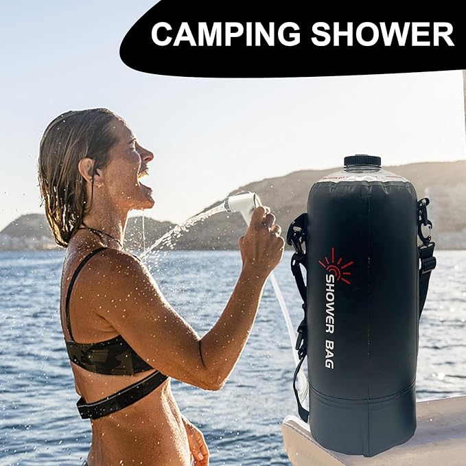 Camping Shower Bag – 12L PVC Black Foldable Water Container Showerhead Hose Assembly Solar Warm Supply | Perfect For Outdoor Adventure Washing Backpacking Hygiene Routine Road Trip Cleaning Setup