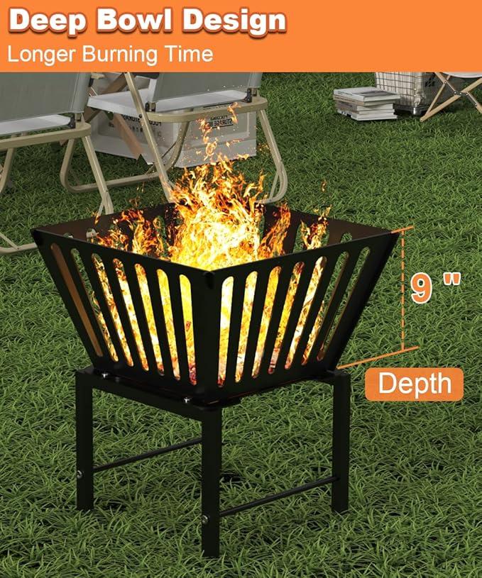 Mondazie Outdoor Fire Pit — 17 Inch Portable with Storage Bag for Camping Patio Heating Picnic and BBQ Trapezoid Vertical Hollow Black