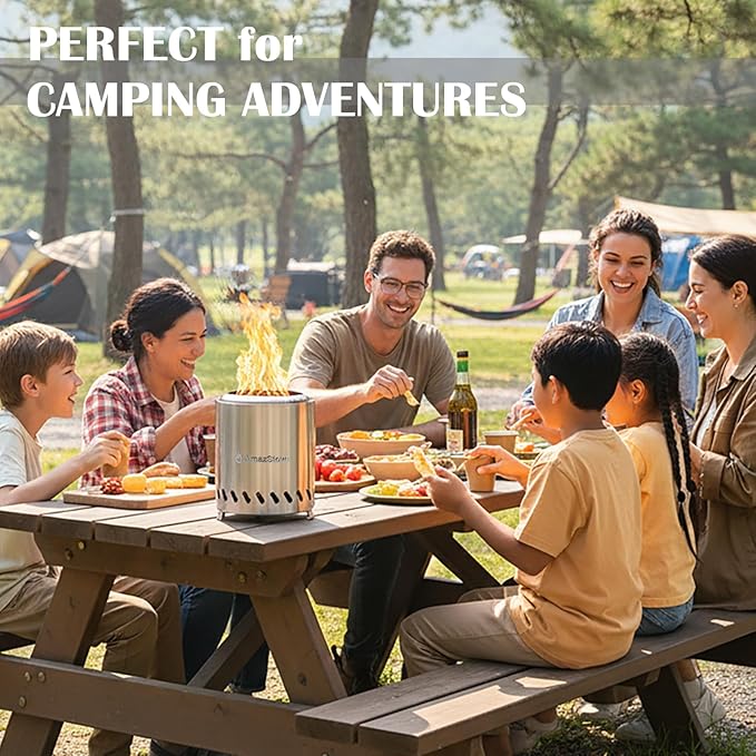 9.7 x 7.1 Inch Tabletop Fire Pit by AmazStove Low Smoke Camping Stove for Outdoor Safe Burning Firepits Fueled Pellets or Wood Travel Bag Included (Silver 9.7 x 7.1 INCH)