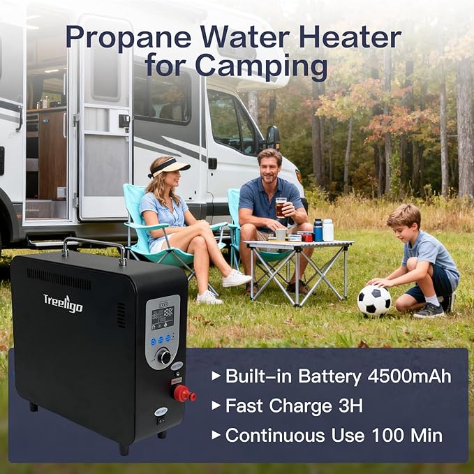 Treeligo 40900BTU Portable Propane Water Heater for CampingInstant Hot Water Heaters with Minimalist Style &amp 4500mAh Battery for Outdoor Showering and Cleaning on RV Trips Hiking Fishing