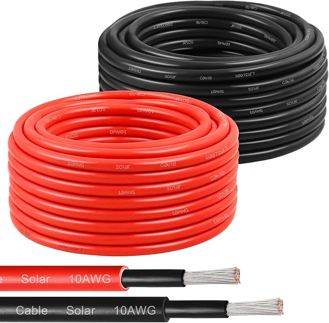 Solar Panel Wire 10 AWG(6mm²) - Solar Extension Cable 30Ft Black &amp 30Ft Red 10 Gauge Tinned Copper PV Wire for Outdoor Automotive RV Solar Panel Boat Marine (Black+Red)