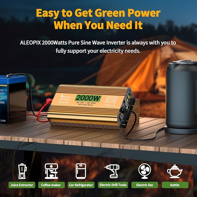 2000 Watt Inverter 12V DC to 110V/120V AC Pure Sine Wave Inverter for Truck/RV/Home/Solar/Off-Grid Surge 4000W Pure Sine Power with 2 AC Sockets 5V 3.4A USB Digital Display Remote Controller
