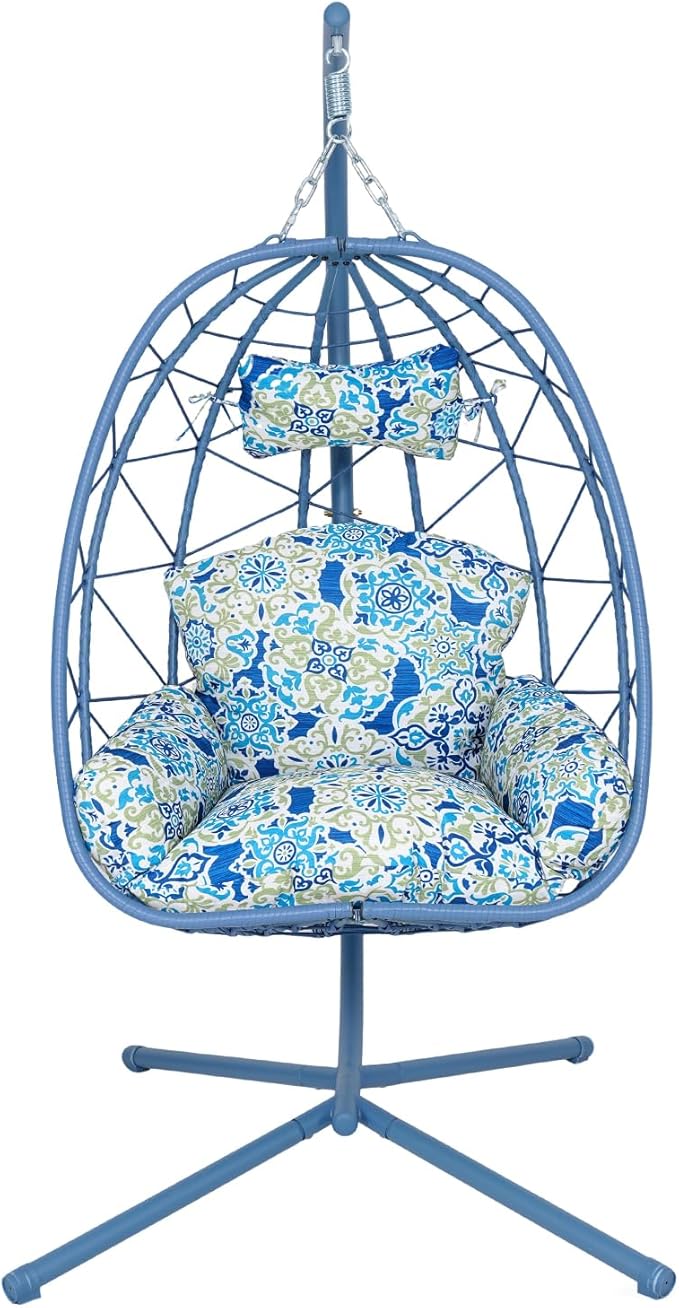 Hanging Egg Chair with Stand Outdoor Indoor Patio Rattan Swing Hammock Chairs with Washable Cushion PE Wicker Swing Chair for Backyard Bedroom Garden (Blue + Floral Cushion No Footrest)