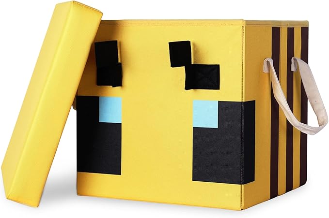 Minecraft Bee 15-Inch Storage Bin Chest with Lid | Foldable Fabric Basket Container Cube Organizer with Handles Cubby Closet Organizer | Video Game Gifts and Collectibles