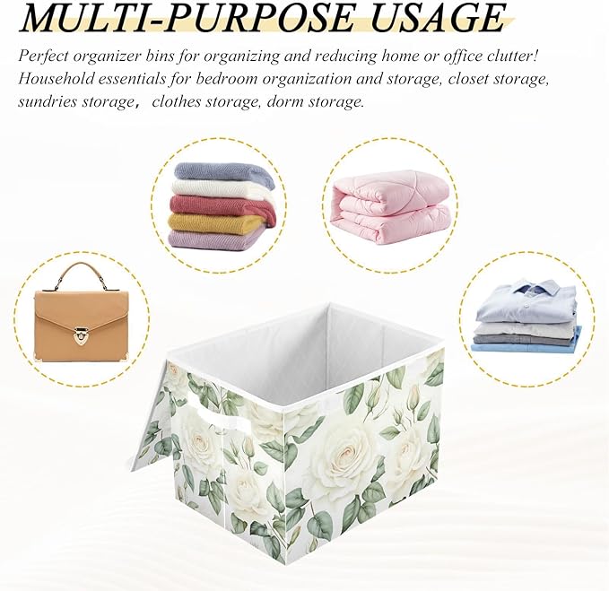 Flower Baskets Collapsible Storage Bins with Lids White Rose Flower Storage Boxes Clothes Baskets for Organizing