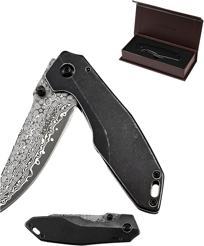 Father‘s Day Mother‘s Day &amp Birthday Gift for Him Her: ALBATROSS 7 EDC Pocket Knife - VG10 Damascus Steel Blade Liner Lock Retro Blackwash Handle Belt Clip &amp Gift Box | Folding Design for
