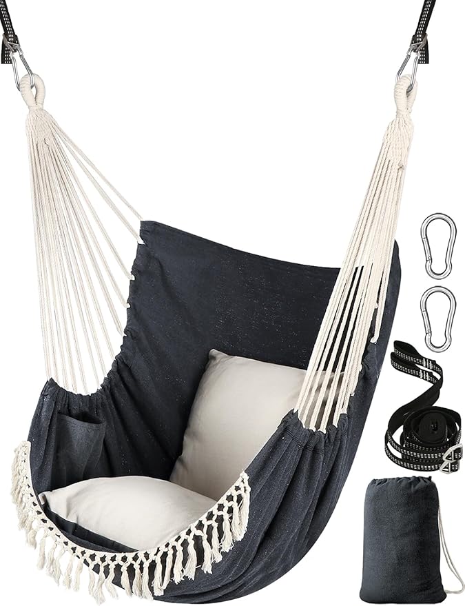 Chihee Hammock Chair Hanging Swing 2 Pillows IncludedStrong Webbing Straps and Hooks for Easy Hanging Soft Cotton Hanging Chair Side Pocket Tassel Chair Comfort Indoor Outdoor Dark Grey