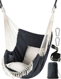 Chihee Hammock Chair Hanging Swing 2 Pillows IncludedStrong Webbing Straps and Hooks for Easy Hanging Soft Cotton Hanging Chair Side Pocket Tassel Chair Comfort Indoor Outdoor Dark Grey