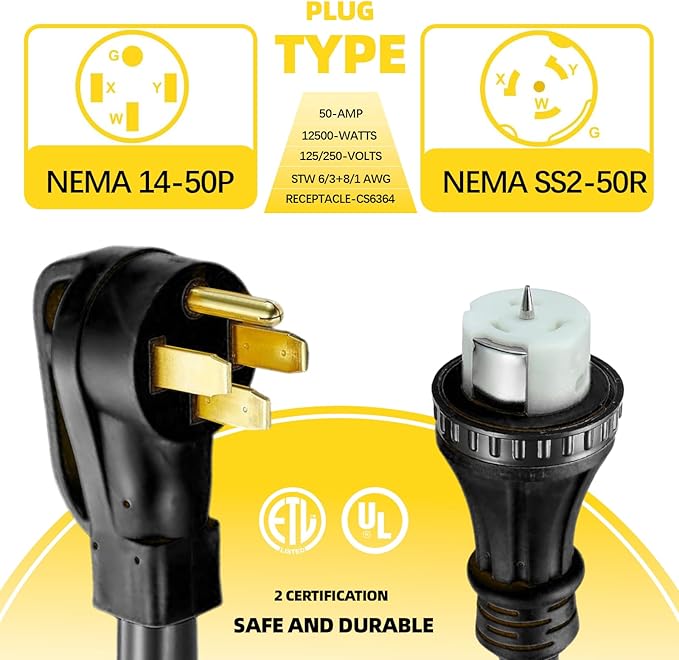 50 Amp Generator Extension Cord 13FT STW 6/3 + 8/1 Power Cord N14-50P &amp SS2-50R &amp CS6364 Twist Lock Connectors
