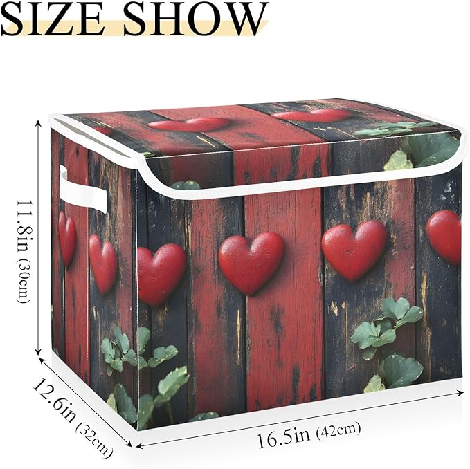 AIXIWAWA Lidded Storage Cube (Hearts Wood) Fabric Foldable Closet Bins with Flip Lid and Handles Organizer Basket Container 16.5 x 12.6 x 11.8 IN