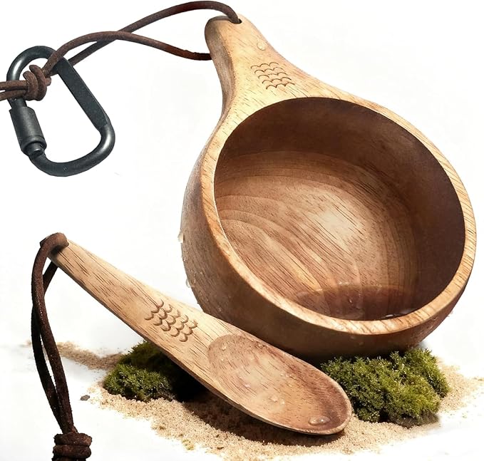 Nordic Kuksa 12oz(355ml) w/Spoon Wooden Mug wood cups for drinking – Bushcraft Gear &amp Camp Kitchen Companion. Natural hardwood. For camping hiking home &amp camp kitchen use. Easy carry – coo