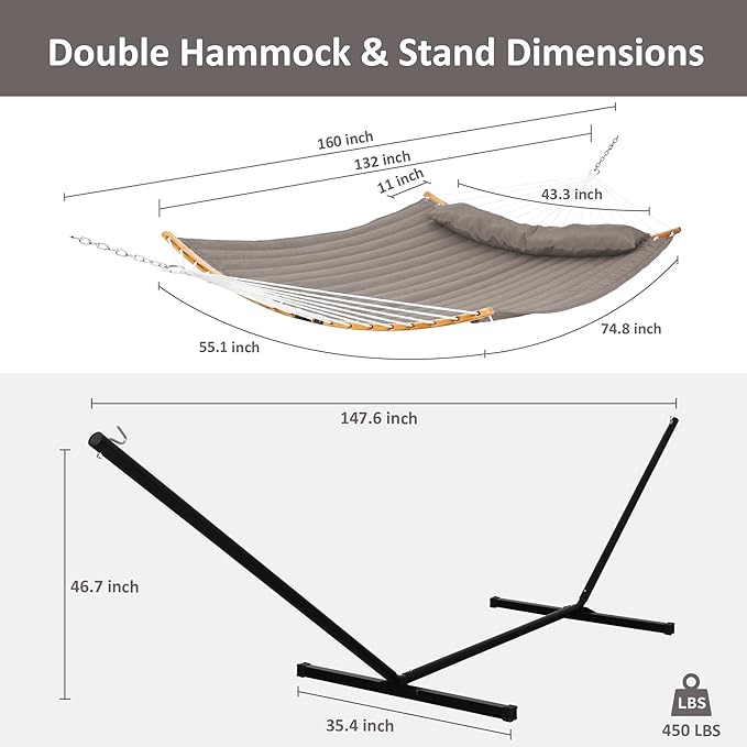 SUNCREAT Hammocks Portable Hammock with Frame Backyard Double Hammock with Curved Spreader Bar Brown