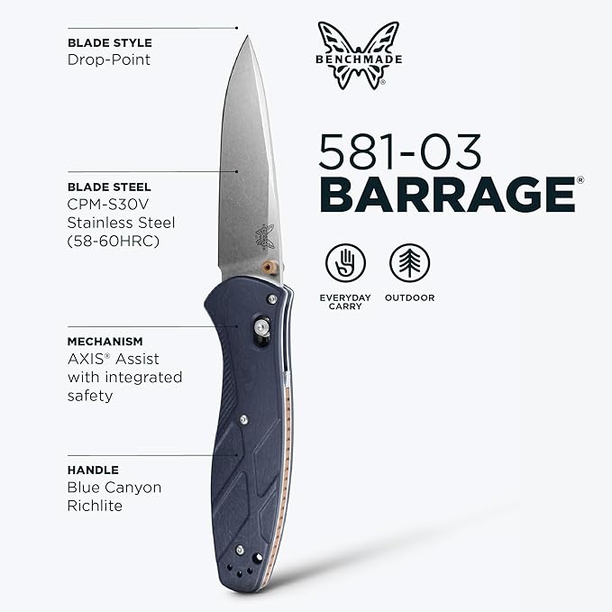 Benchmade - Barrage Tactical Every Day Knife Plain Edge Drop-Point Blade Blue Canyon Richlite Handle (581-03)