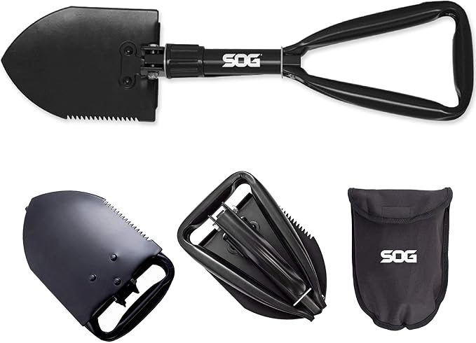 SOG Tactical Tomahawk- Throwing Hatchet Versatile Survival Tactical Axe and Emergency Breaching Tool &amp Entrenching Tool- 18.25 Inch Folding Survival Shovel with Wood Saw Edge - Black (F08-N)